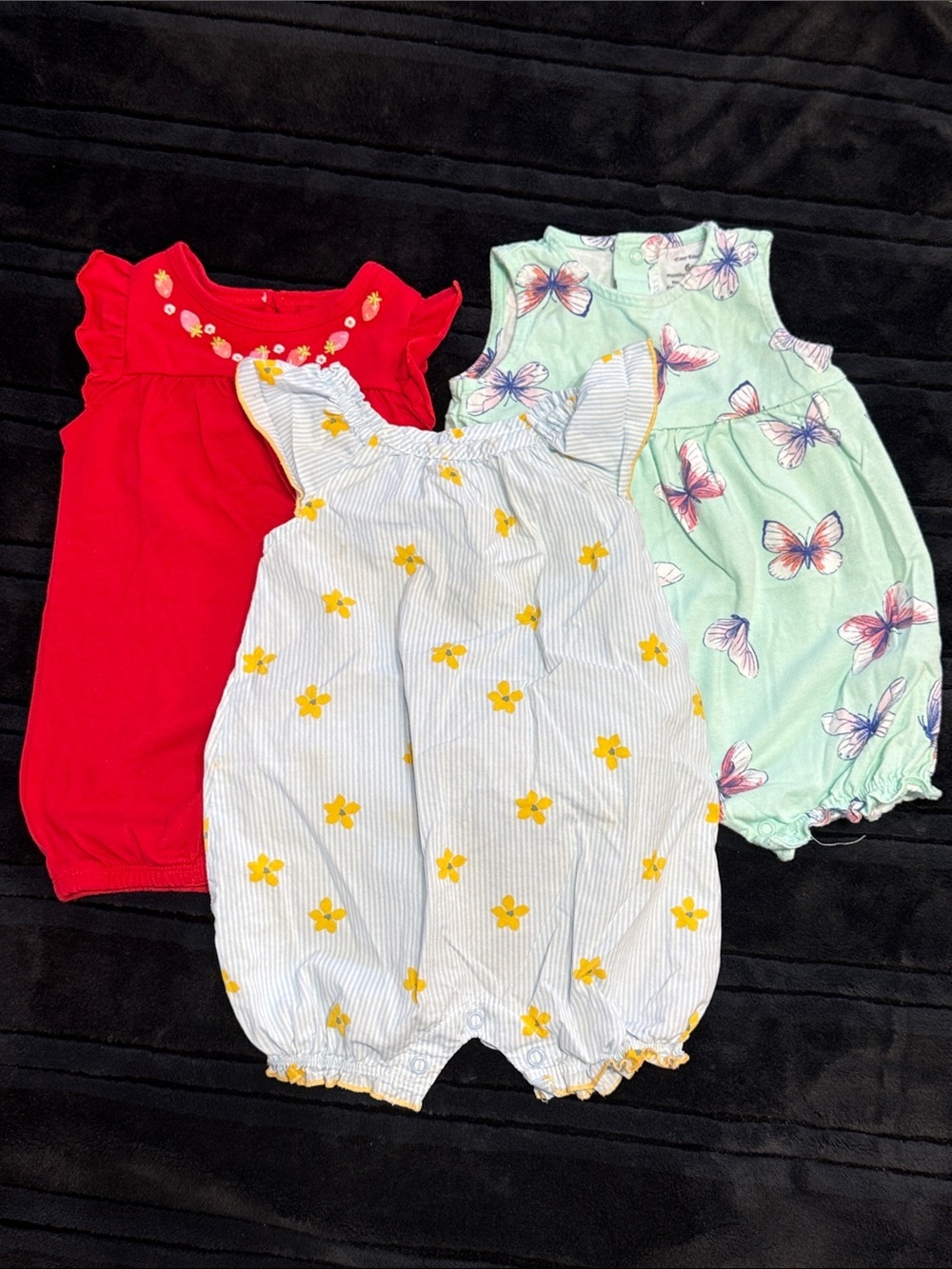 Set of 3 Baby Rompers - Red, Mint Butterfly, blue striped floral 6-9 months